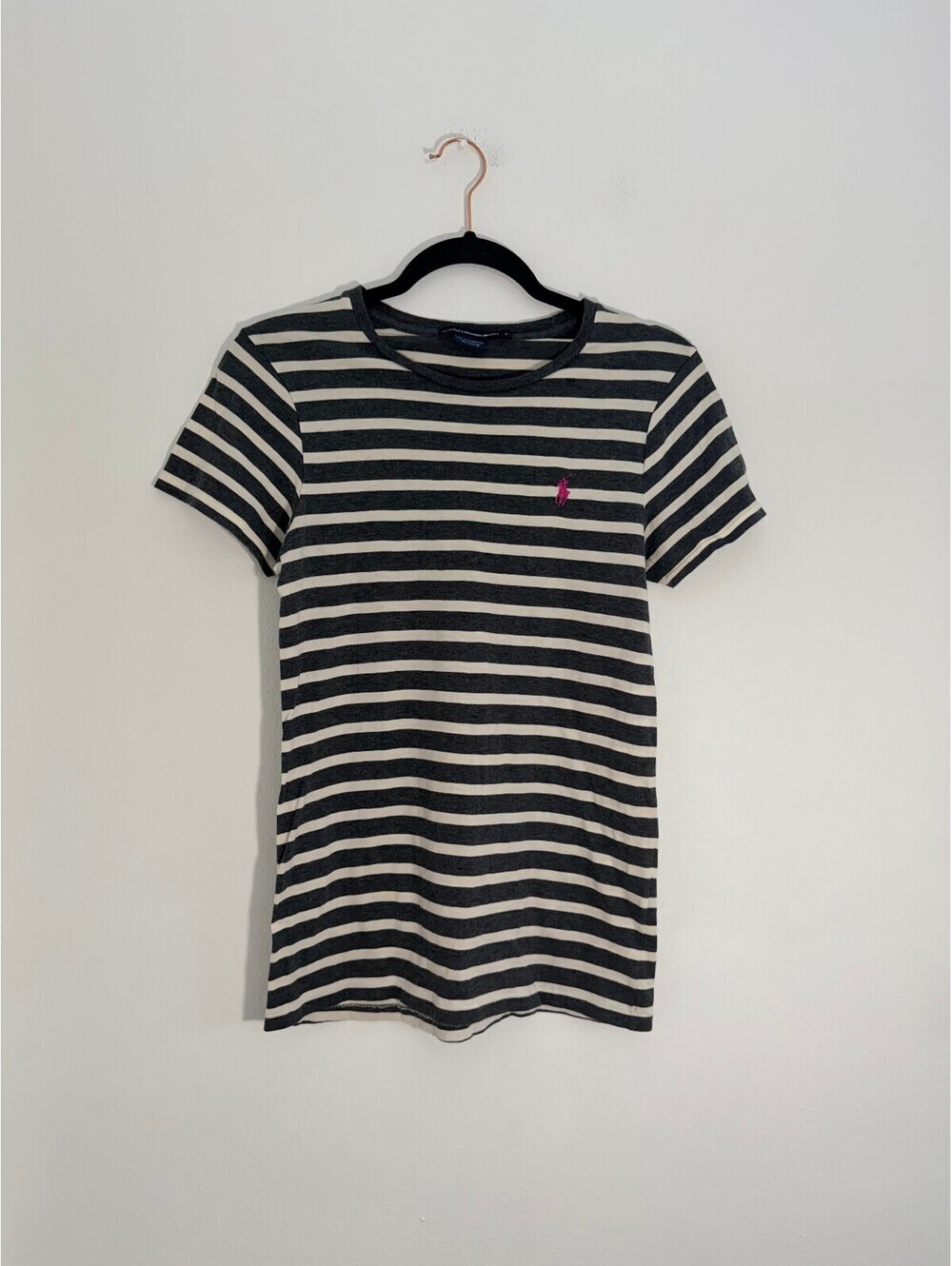 Ralph Lauren Sport Striped Cotton T-Shirt Gray White Pink Pony Logo Women's L
